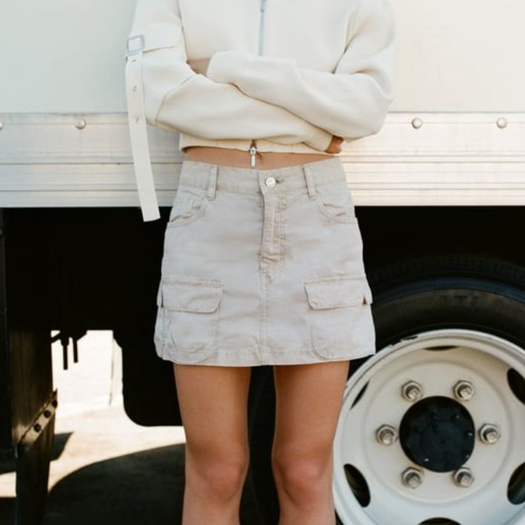 NWT BEIGE CARGO MINI 100% COTTON SKIRT - Picture 1 of 5